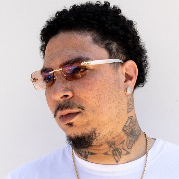 Men's Pink Tint Rectangular Hip Hop Gold Frame Leopard Head Rimless Sunglasses - Picture 3 of 6